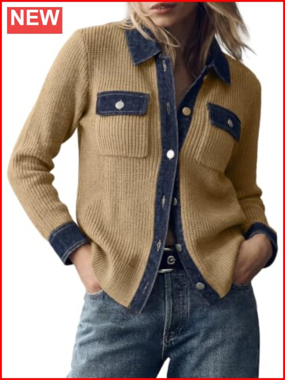 Women's Denim Trim Cardigan Sweater Waffle Knit V-Neck Long Sleeve Fall